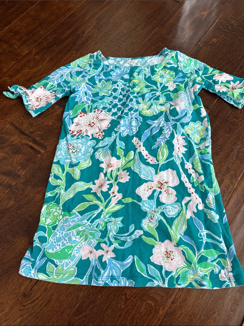 Lilly Pulitzer Girls Floral Teal Shift Dress with Green & Light Blue Print